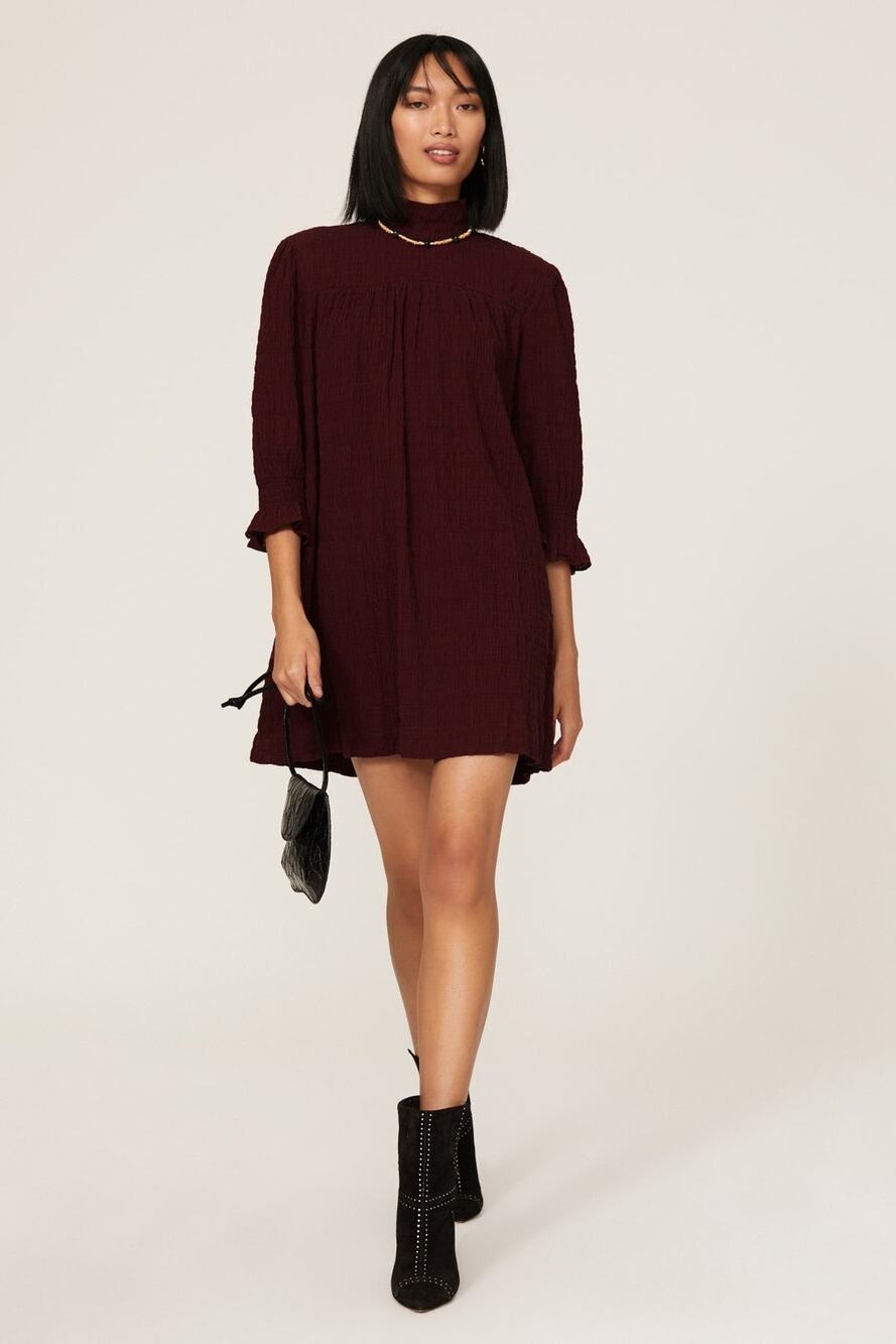 ba&sh Sz S Devis Burgundy Smock Textured 3/4 Sleeve Mock Neck Swing Mini Dress